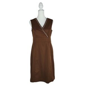 LYN Brown Sleeveless V-Neck Sheath Dress Scalloped Trim Size 6 Made in USA‎